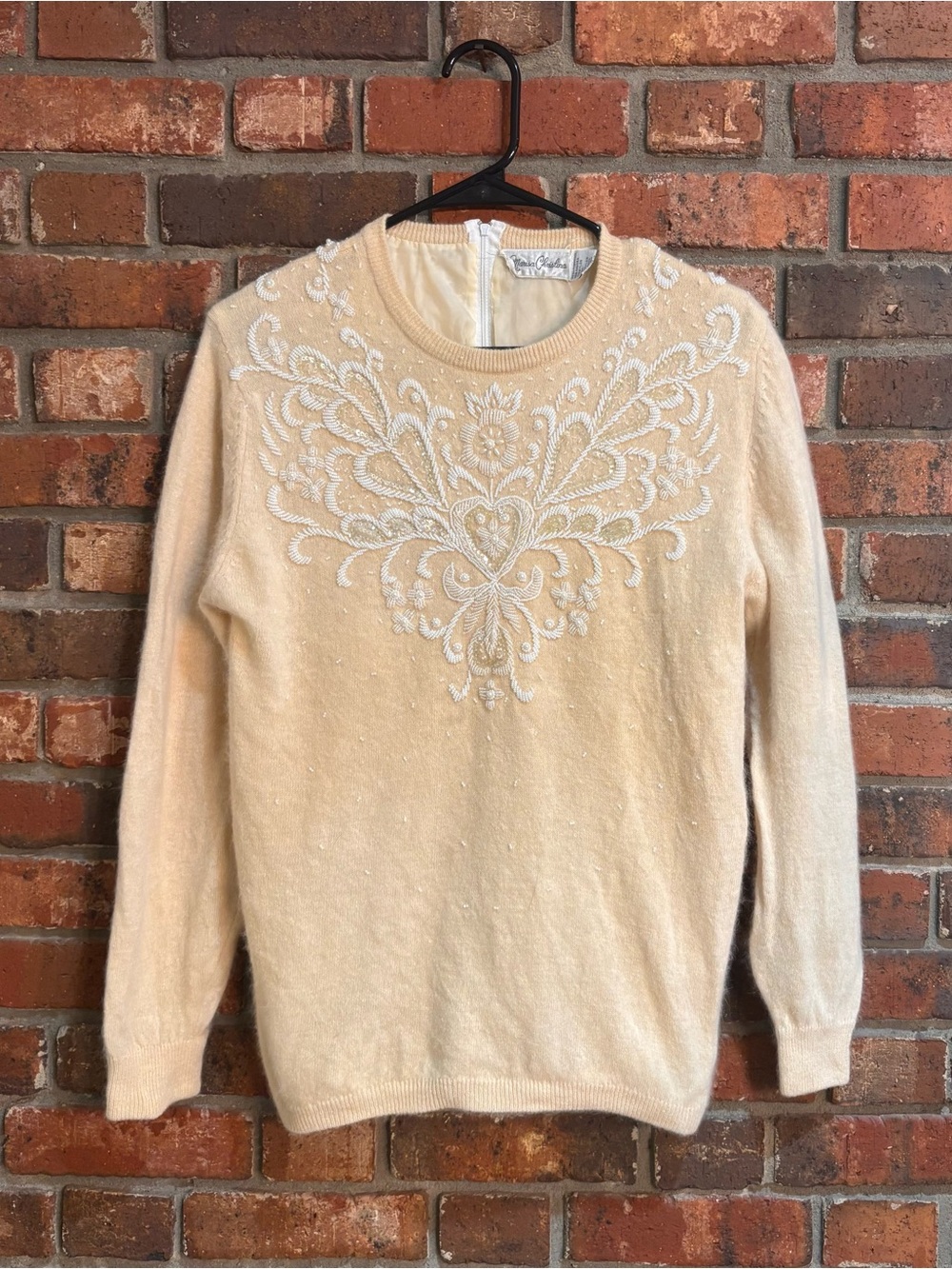VTG Marisa Christina womens beaded angora lambswool sweater cream S